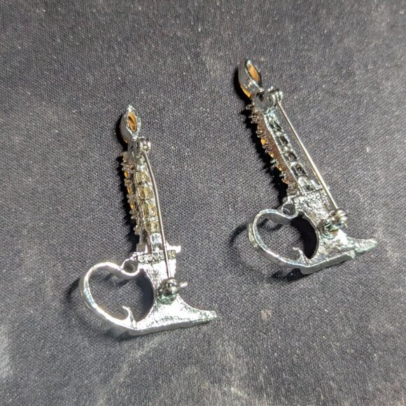 Silver Rhinestone Candlestick Brooch Set Red Flame Green Accents 2 Inches Vintag - Picture 6 of 7